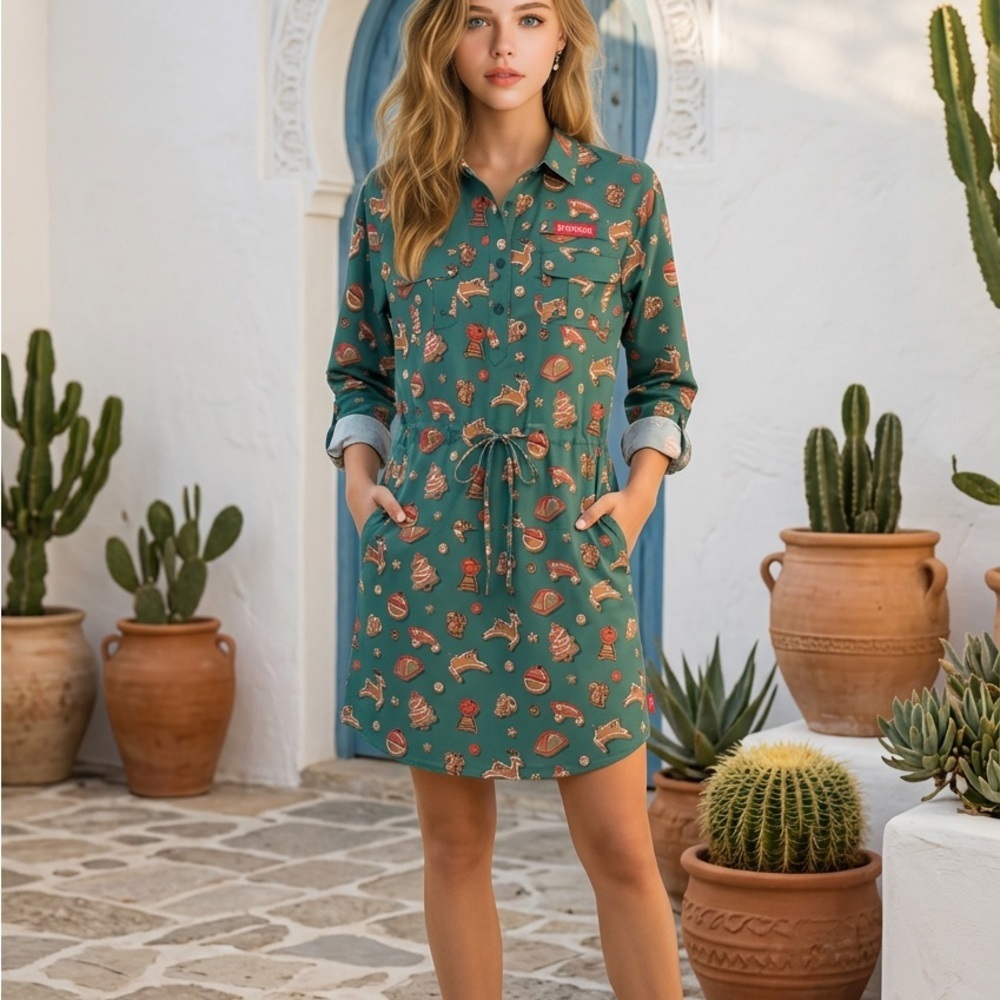 Magellan Outdoors Women Small Laguna Madre Holiday Cookie Long Sleeve Dress NWT